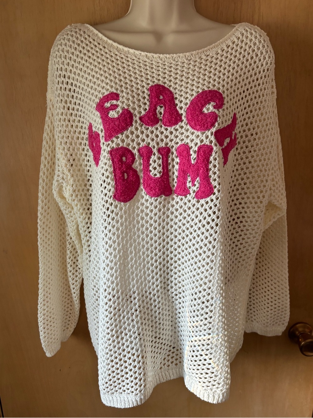 BiBi Cream Open Crochet Long Sleeve Swimsuit Coverup Hot Pink Beach Bum Size L
